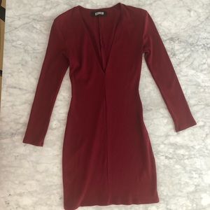 REFORMATION deep red long sleeve V neck mini dress